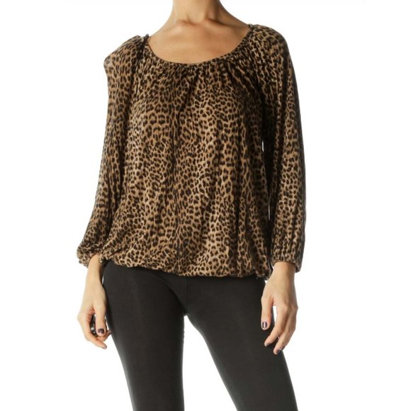 MICHAEL KORS KHAKI BLACK ANIMAL PRINT TOP BLOUSE  - Size 1X - Picture 1 of 4